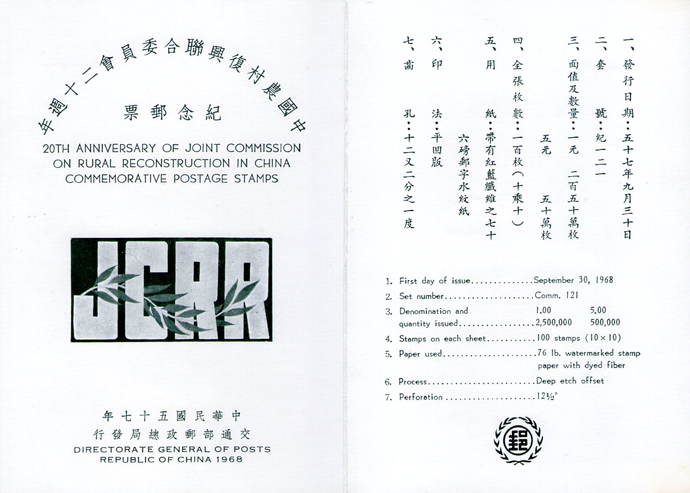 中國農村復興聯合委員會二十周年紀念郵票